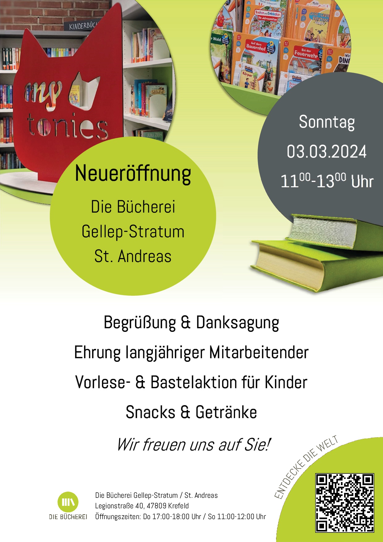 Plakat Neueröffnung Bücherei Gellep-Stratum-St. Andreas (c) T. Mertens